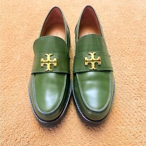 Tory Burch Olive Green Leather Logo Penny Loafers
